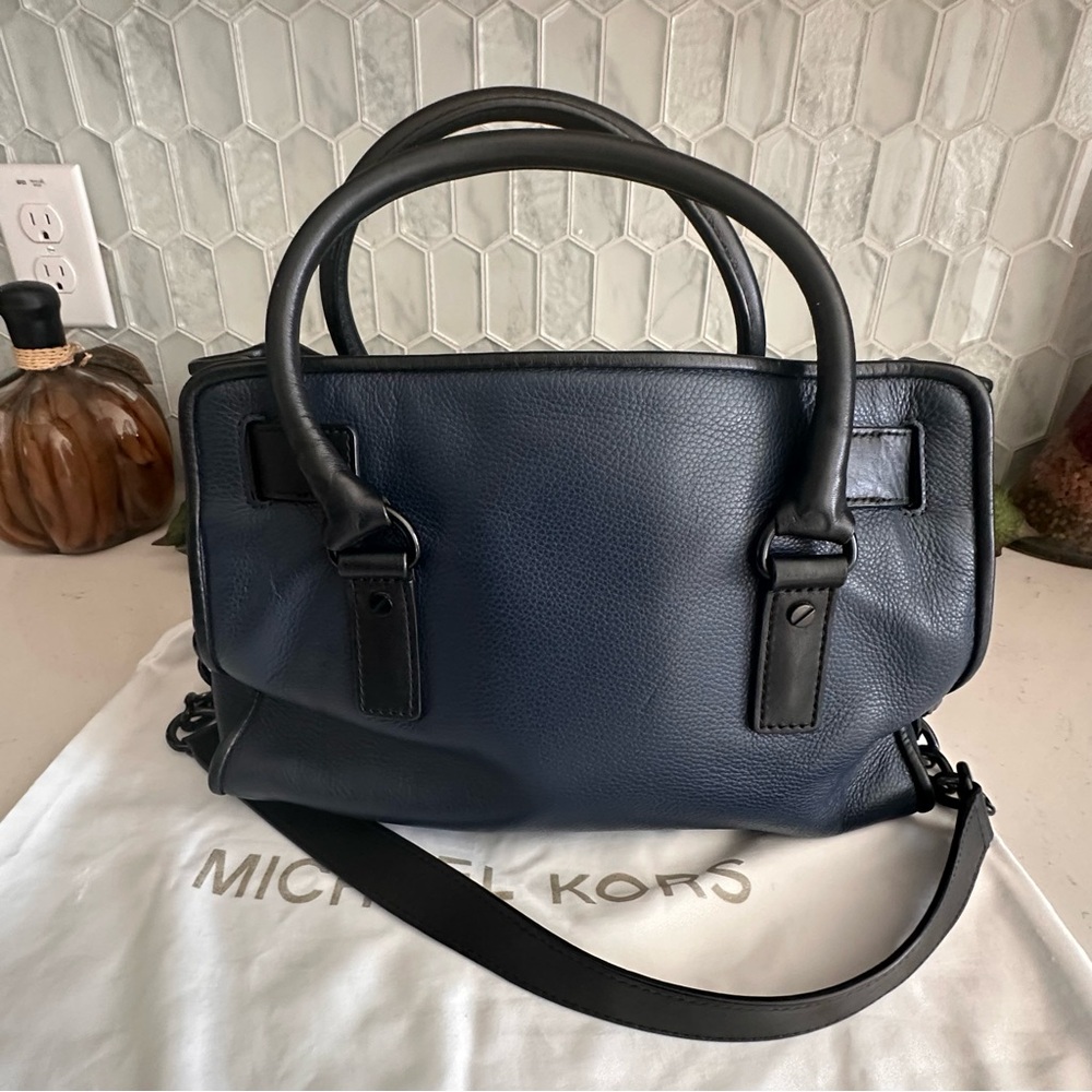 Michael Kors Navy & Black Leather Satchel With Chain Strap And Dust Bag - Picture 9 of 13